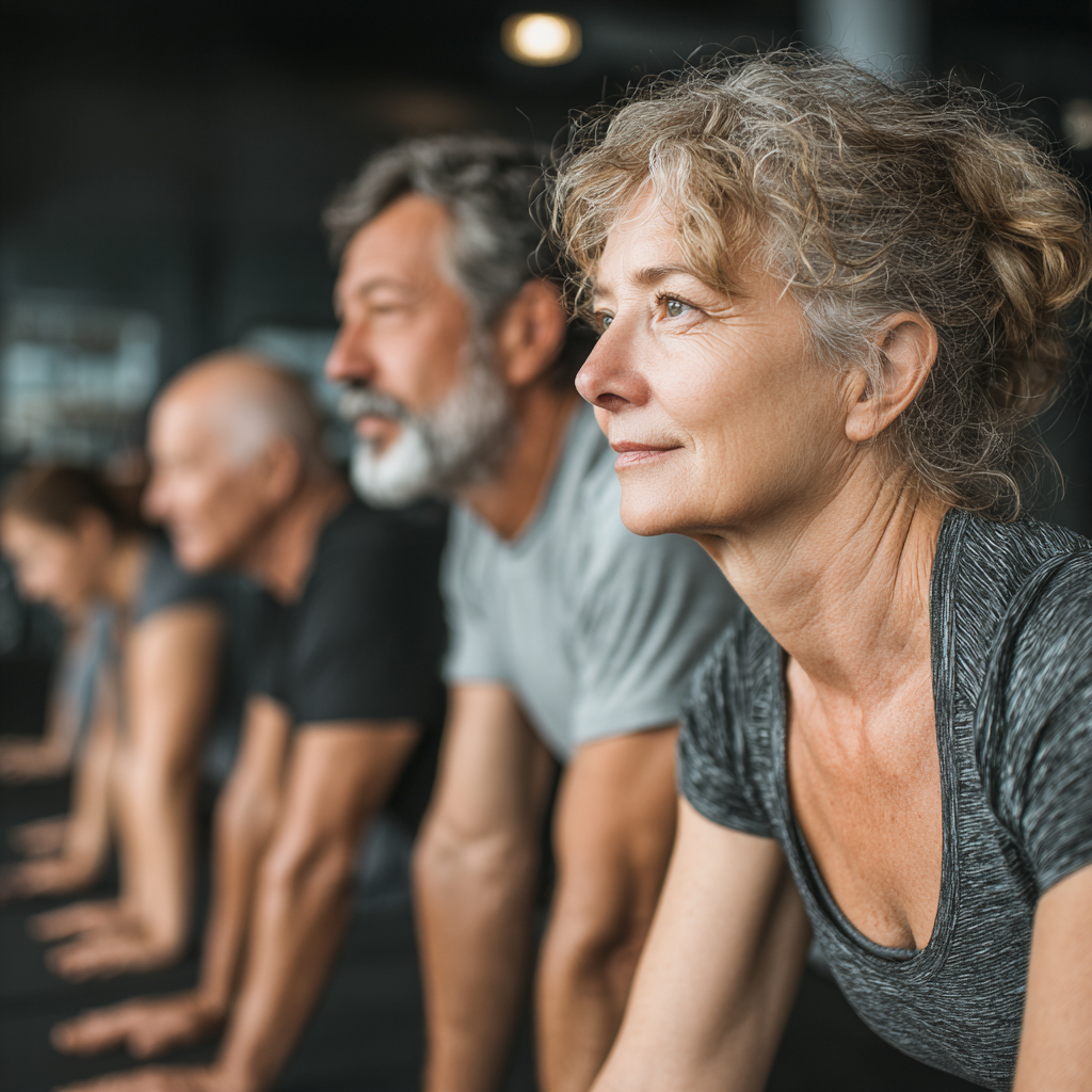 Group of adults aged 40-55 doing stretching and mobility exercises together in bright fitness studio