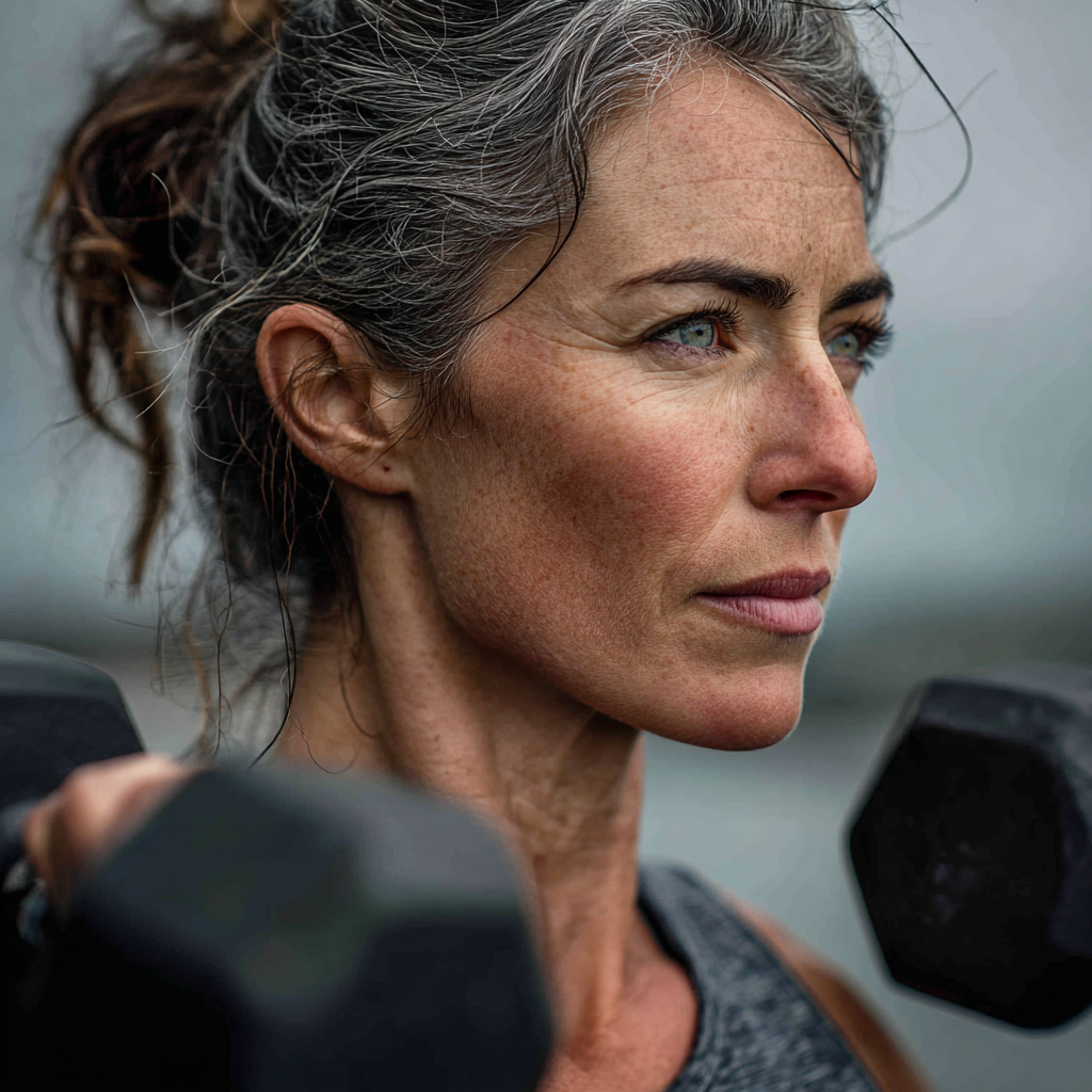 Woman in her 40s performing strength training with dumbbells, focused and determined expression